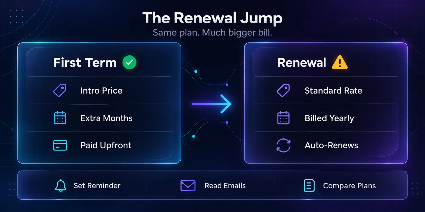 Comparison of a VPN’s first term, with an intro price, extra months and upfront payment, versus renewal at the standard rate, billed yearly and set to auto-renew