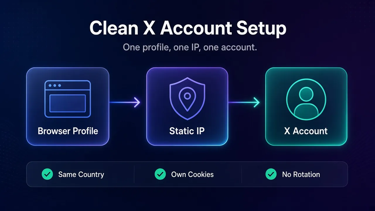 Diagram of a clean X account setup: a separate browser profile connects through one static proxy IP to one X account