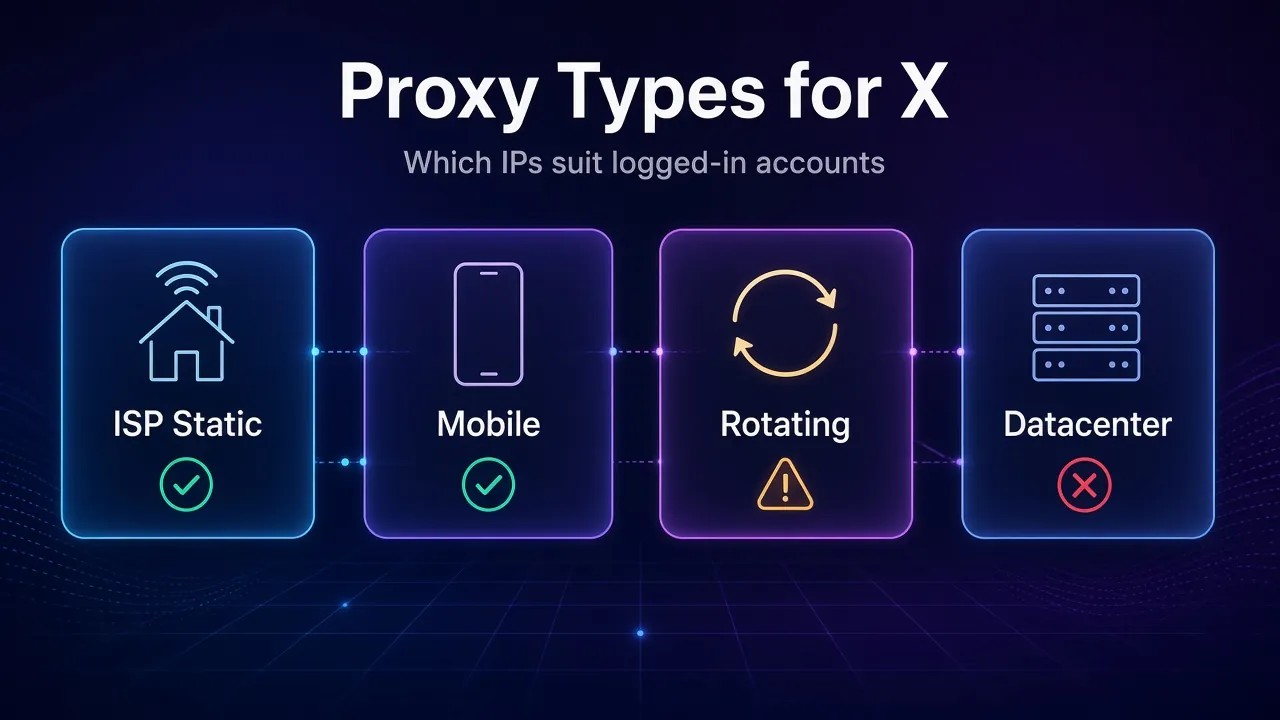 Comparison of proxy types for X accounts: static ISP and mobile marked safe, rotating residential risky, datacenter flagged