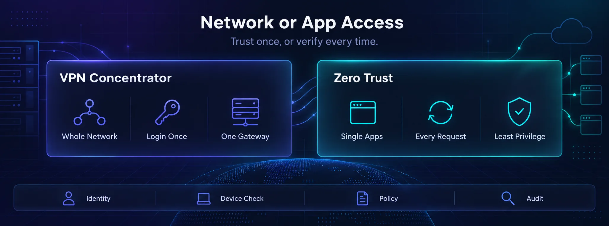 Comparison of a VPN concentrator that grants whole-network access after one login versus Zero Trust access that checks every request and grants single apps