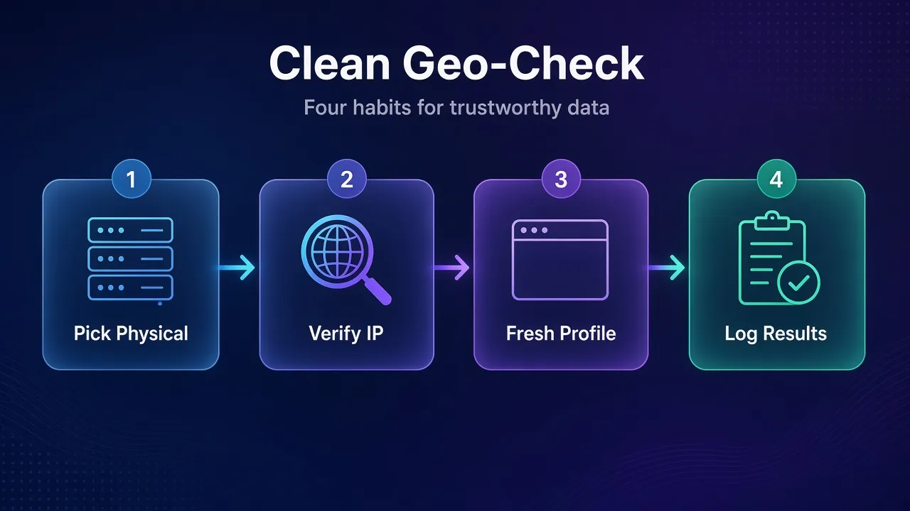 Four-step diagram of a clean VPN geo-check: pick a physical server, verify the IP, open a fresh profile, log the results