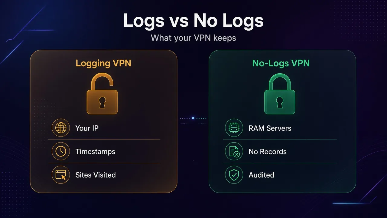 Comparison illustration of a logging VPN that keeps your IP, timestamps and sites visited versus a no-logs VPN with RAM servers, no records and audits
