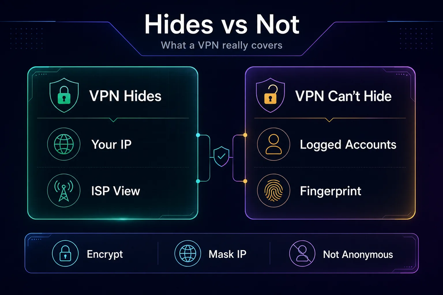 What a VPN hides versus what it cannot hide: it masks your IP and hides your ISP view, but not logged-in accounts or your browser fingerprint