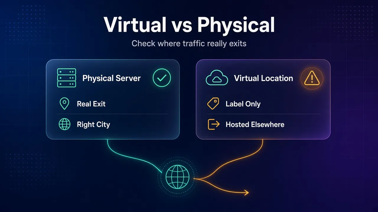 Diagram comparing a physical VPN server that exits in its labelled country with a virtual one hosted elsewhere