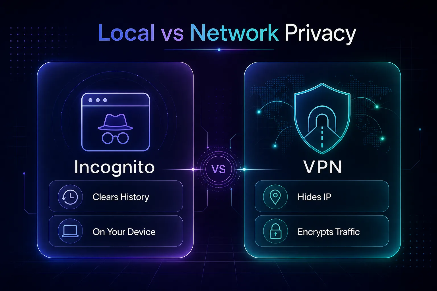 Infographic contrasting incognito mode (clears history, on your device) with a VPN (hides IP, encrypts traffic)