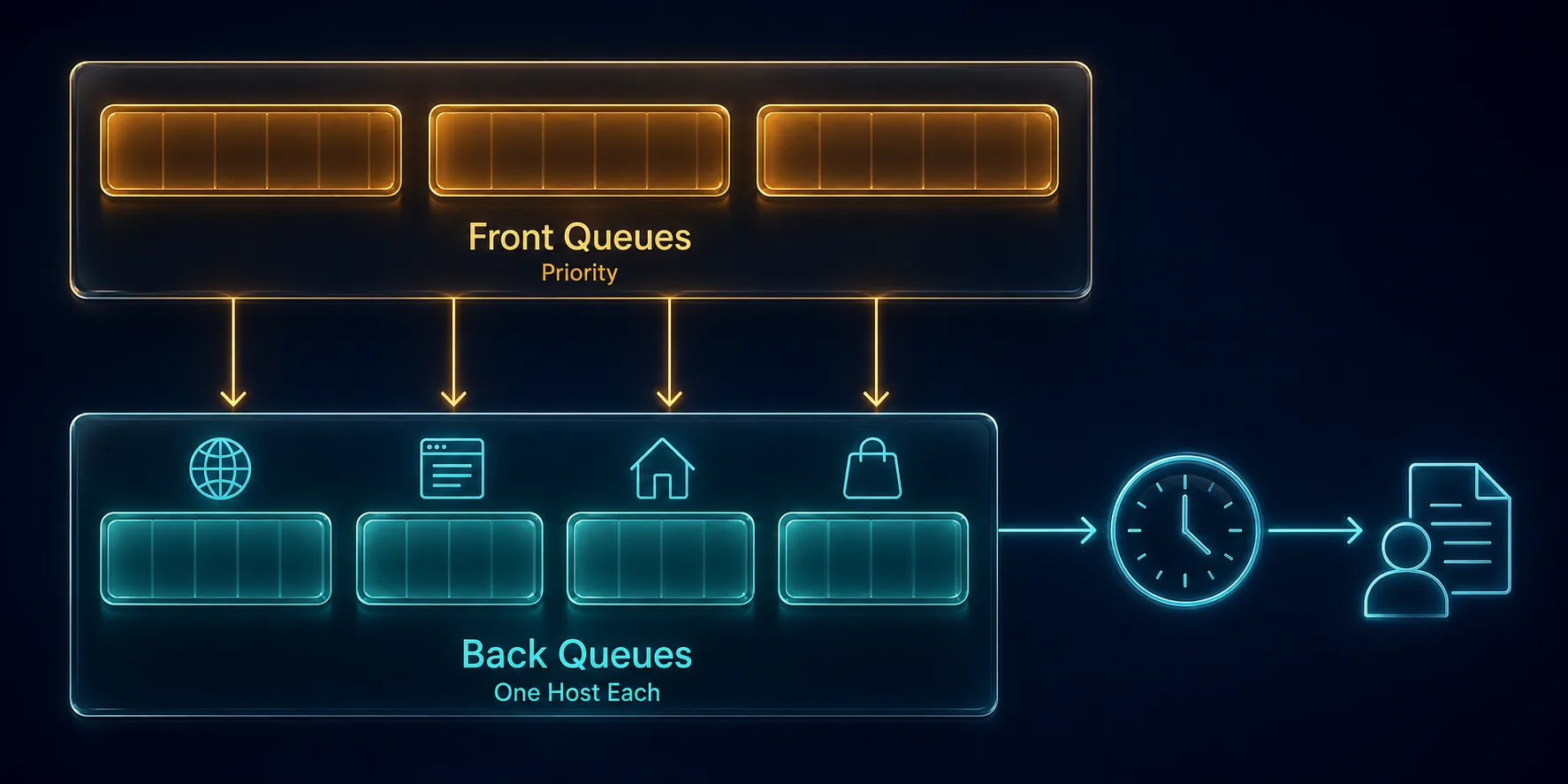 Two-layer crawl frontier: front queues handle priority and back queues hold one host each for politeness