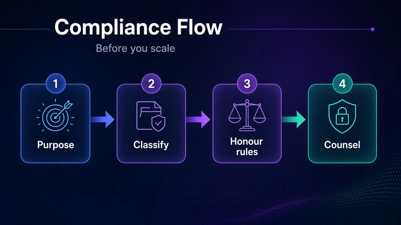Step flow of a scraper compliance checklist from define purpose through counsel review