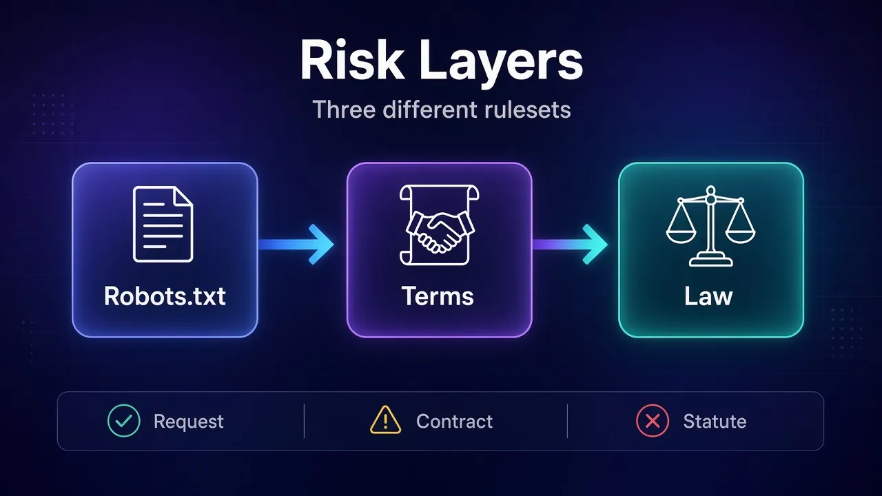 Diagram of three risk layers for scrapers: robots.txt requests, terms of service contracts, and privacy or computer-access law
