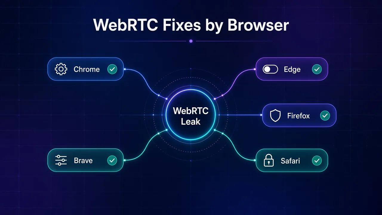 Mind map of WebRTC leak fixes by browser covering Chrome, Edge, Firefox, Brave and Safari