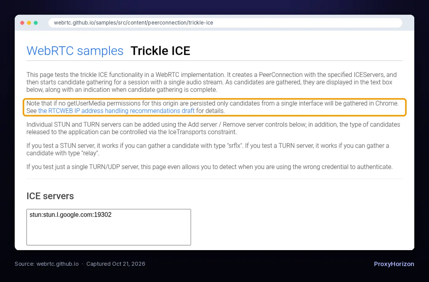 Screenshot of the WebRTC samples Trickle ICE page with the note about candidates from a single interface highlighted