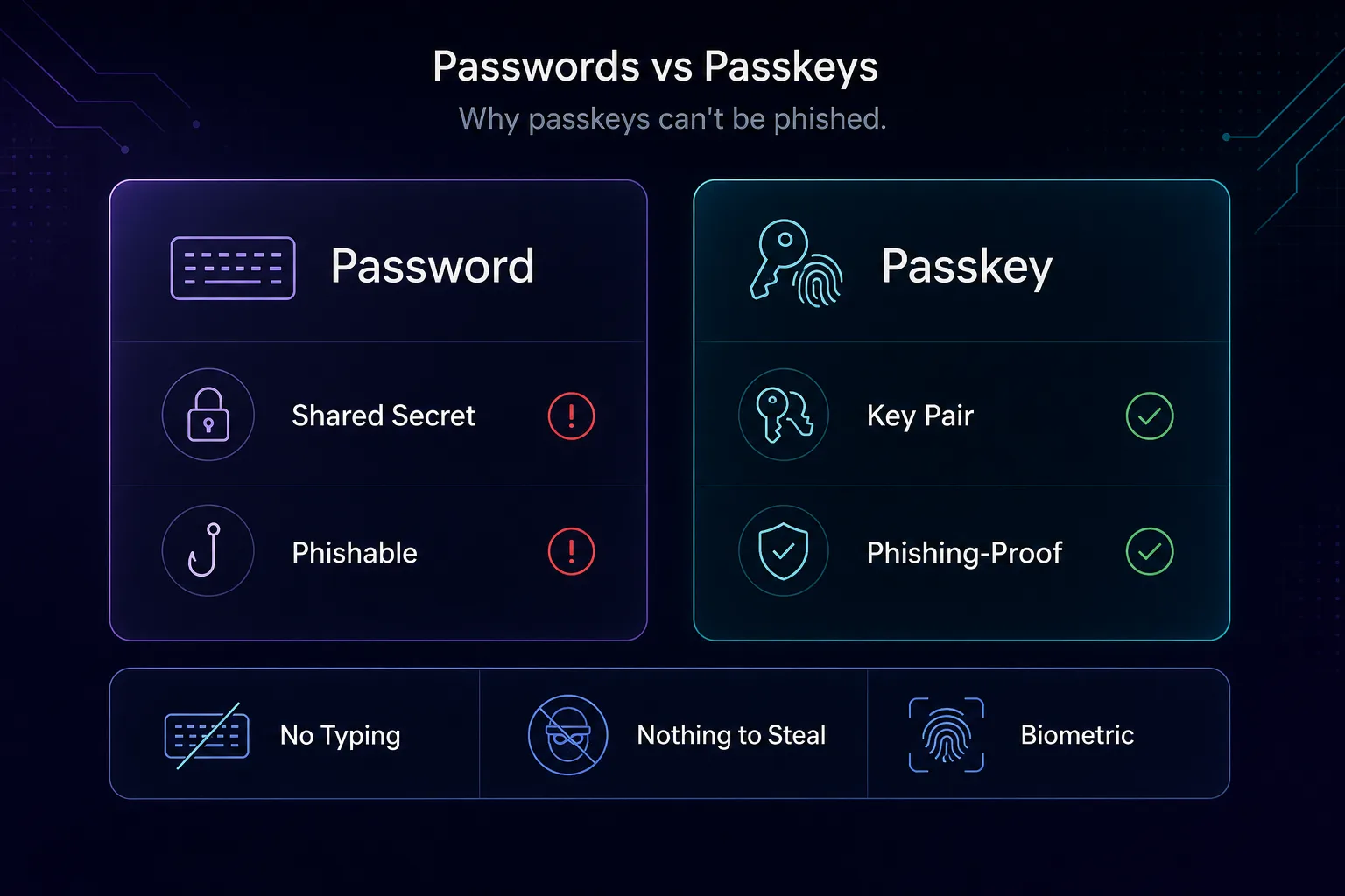Comparison of passwords versus passkeys: passwords are a phishable shared secret, passkeys use a key pair and are phishing-proof
