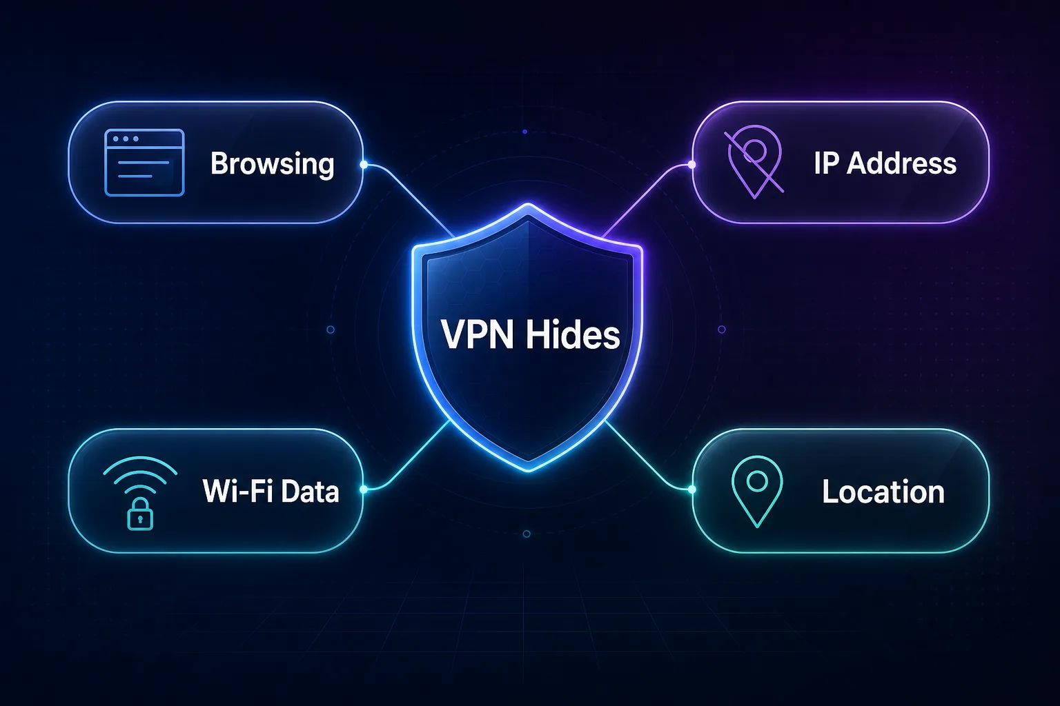 Mind-map of what a VPN hides: browsing activity, IP address, Wi-Fi data, and location