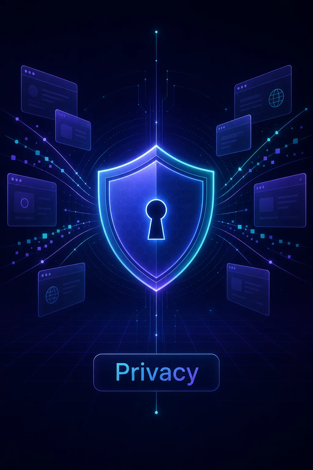 Concept illustration of a glowing privacy shield with a keyhole deflecting streams of personal data