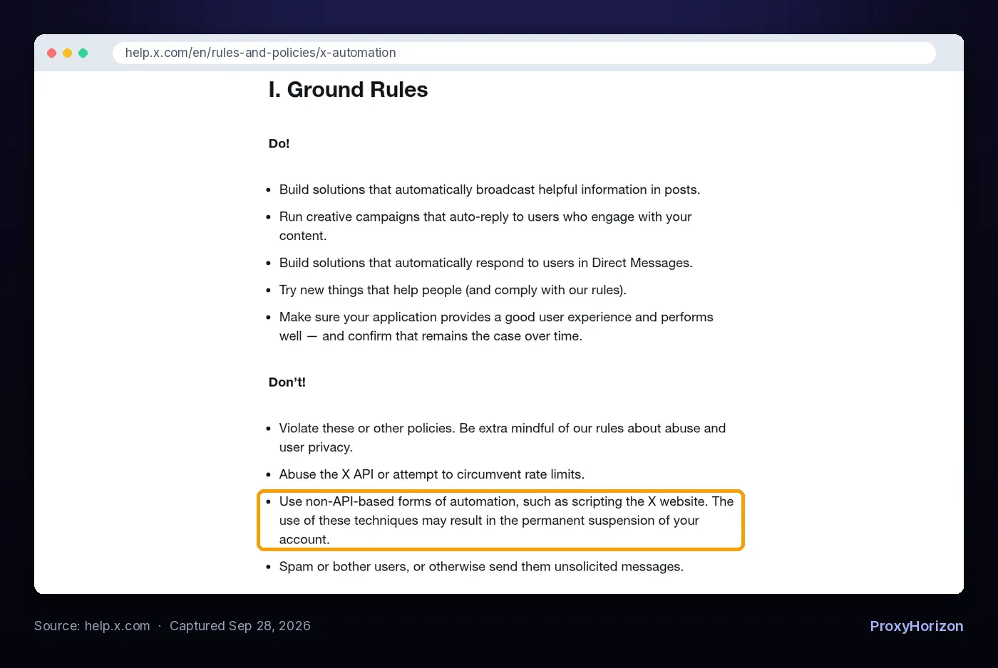 X automation rules page: the Don’t list item banning non-API automation such as scripting the X website is highlighted